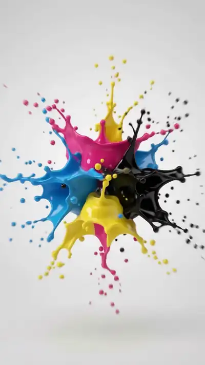 Cyan, magenta, yellow and black ink drops that burst and become a stack of printed flyers