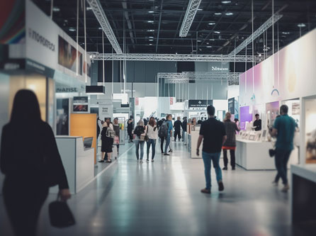 Trade show floor with booth graphics and banners