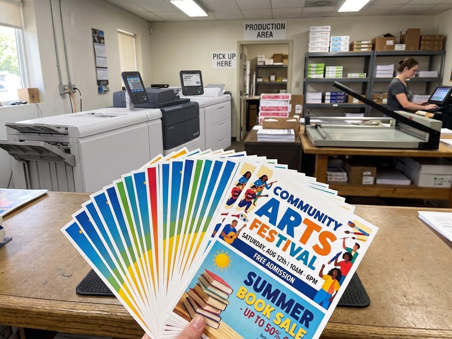 A fanned stack of full-color flyers on the counter at the shop