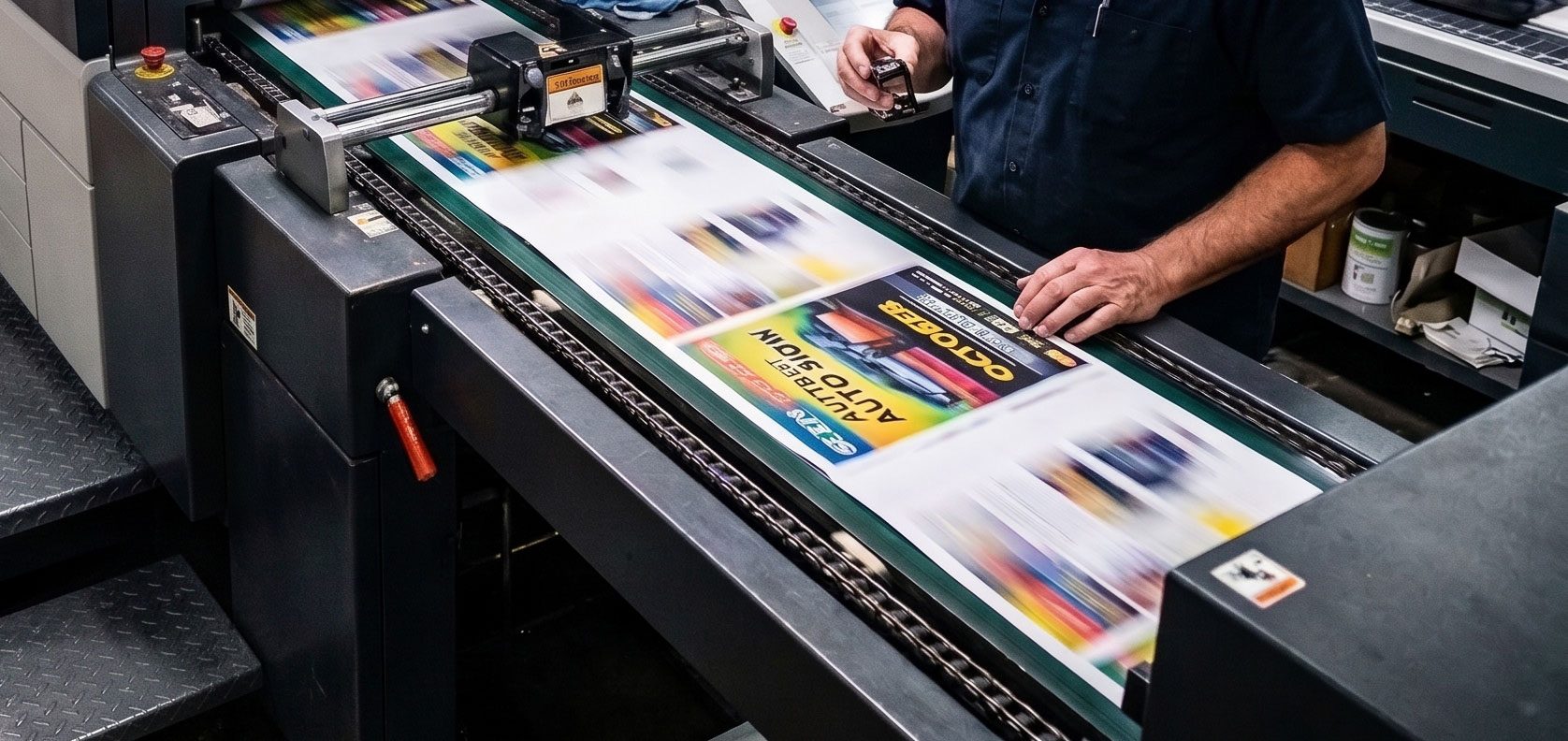 Show work running on the press at Sunrise Printing, two miles from the Las Vegas Convention Center